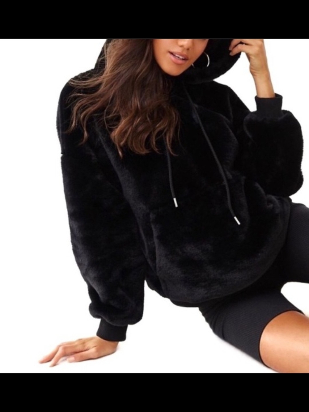 Plush Black Hooded‎ Pullover Sweatshirt for Women,sz.m